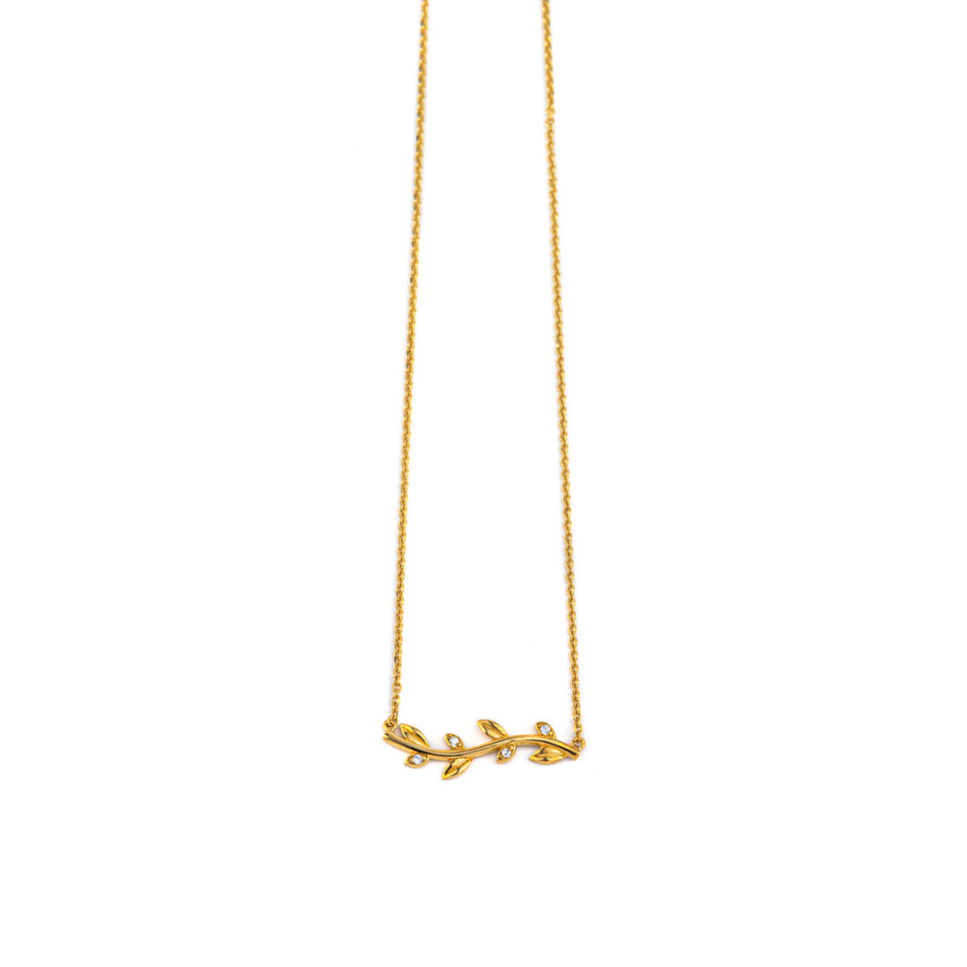 KS-NE-E2-8b Leaf Necklace with Zircon - 14k Yellow Gold - Image 2