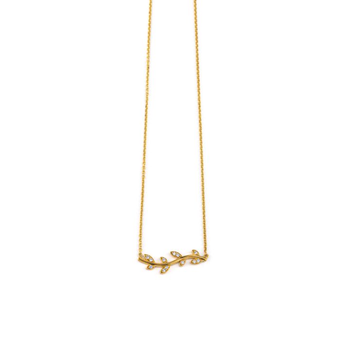 Leaf Zircon Necklace - 14k Yellow Gold - Image 2