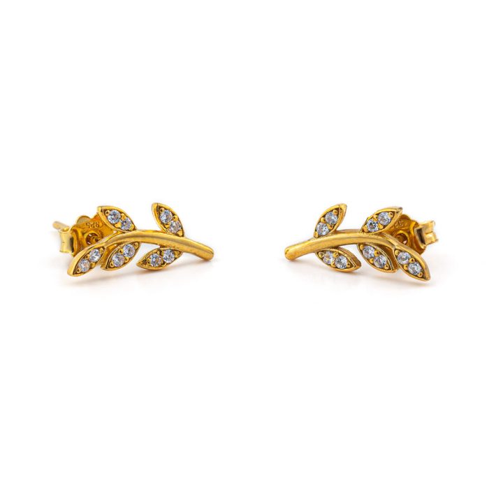 Leaf Zircon Earrings – 14K Solid Yellow Gold - Image 1