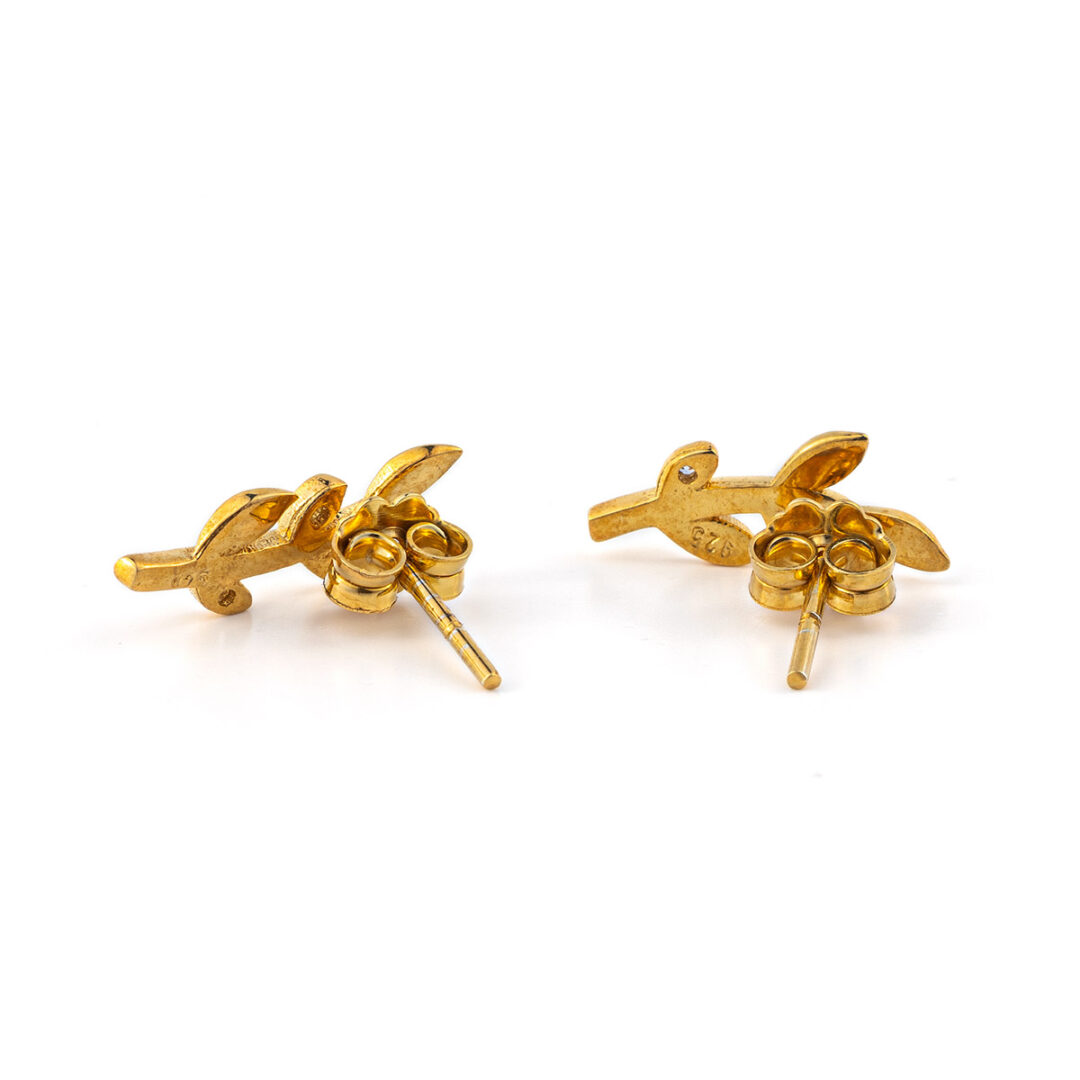 KS-Ε-E2-13b Olive Leaf Earrings with Zircon – 14K Solid Yellow Gold - Image 2