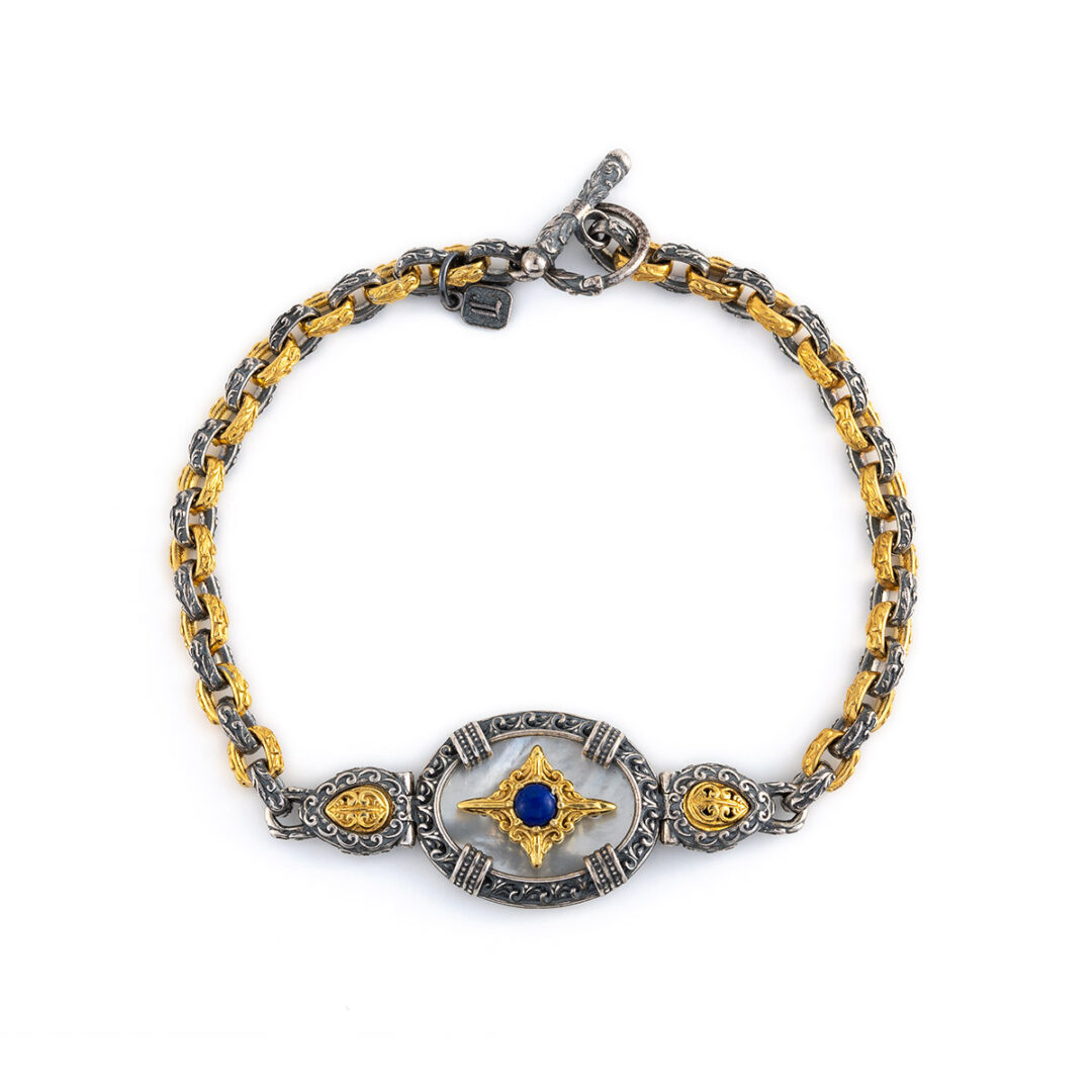 LA-B-01514 Byzantine Lapis Lazuli Bracelet - 925 Sterling Silver and Gold Plated