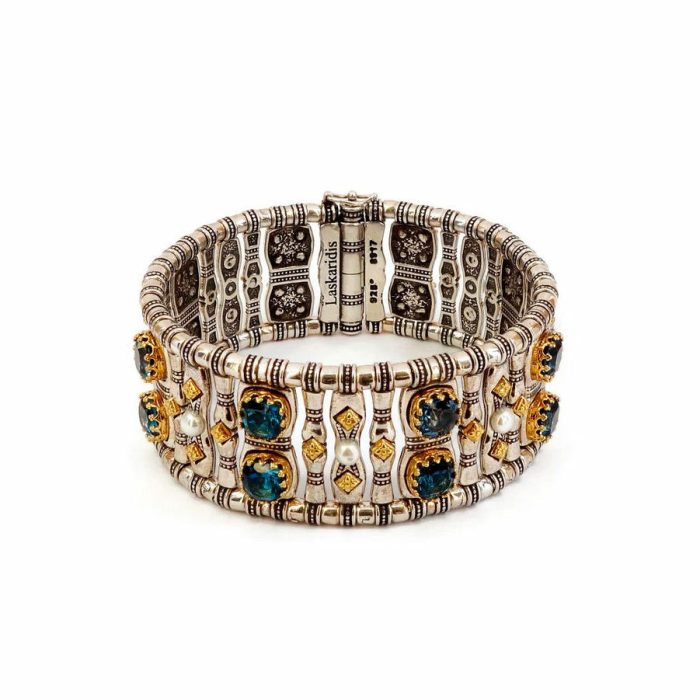 Byzantine Bracelet with Natural London Blue Topaz Gemstone and Natural Pearl