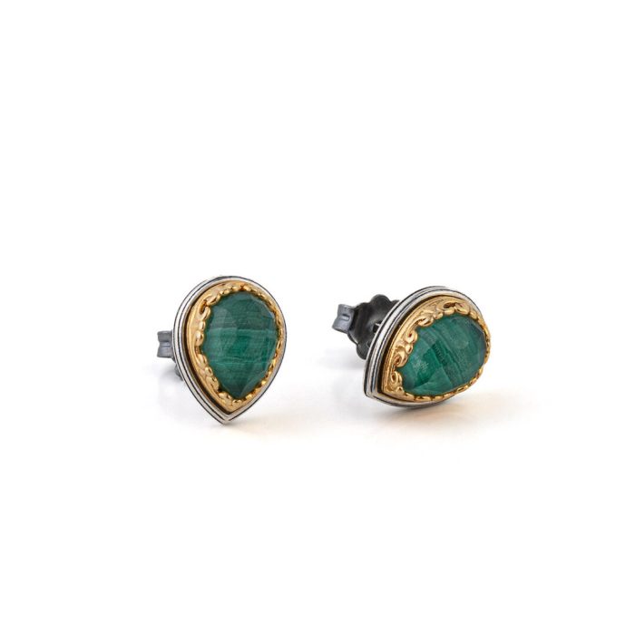 Byzantine Teardrop Stud Earrings with Malachite Doublet Gemstone