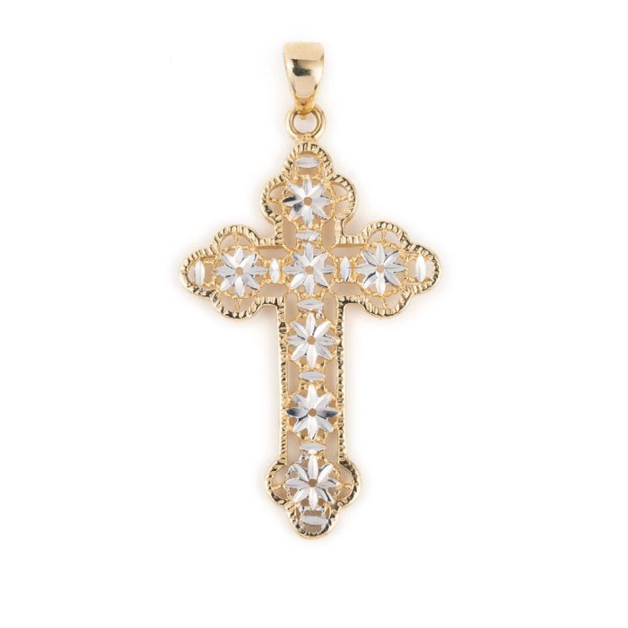 Byzantine Cross in 14K Gold with Flowers - Image 1