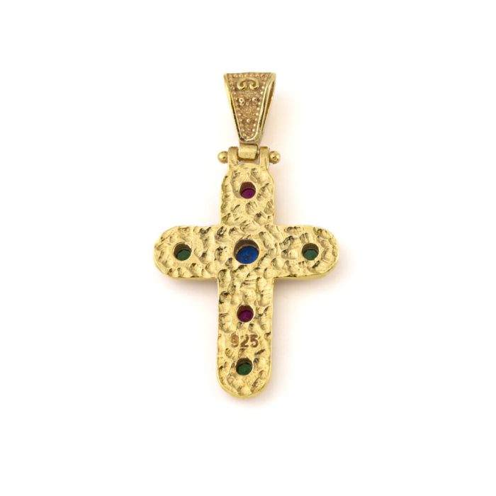 Byzantine Round Cross with Stones - 925 Sterling Silver Gold Plated - Image 2