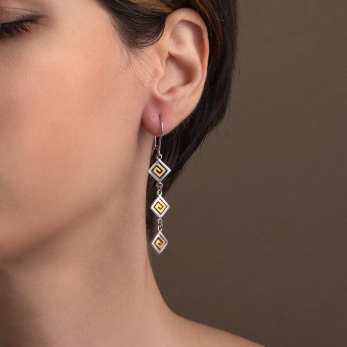Triple Greek Key Drop Earrings – 925 Sterling Silver - Image 2