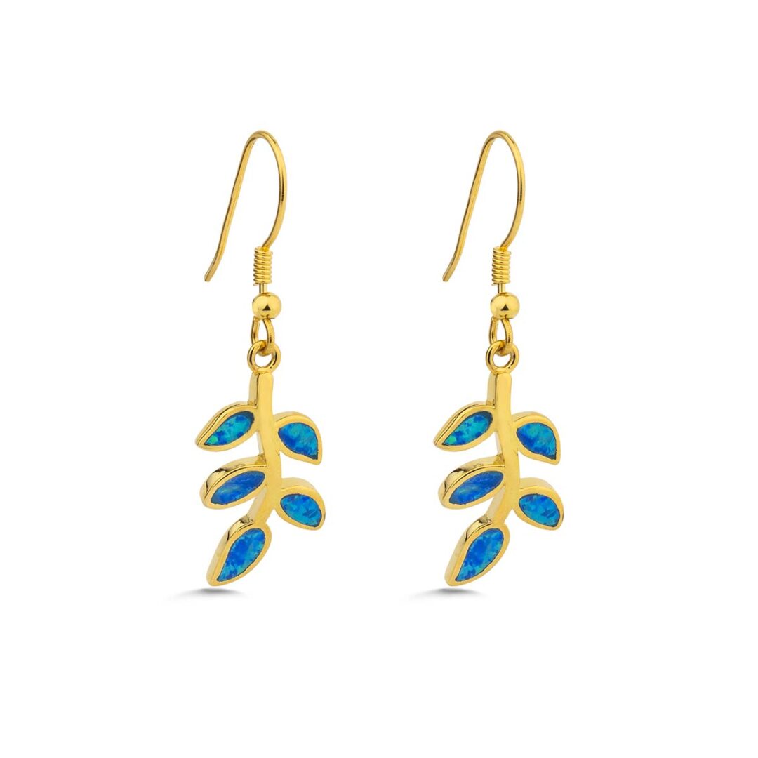 MI-SK-09165011 Olive Leaf Opal Earrings - Sterling Silver and Gold Plated