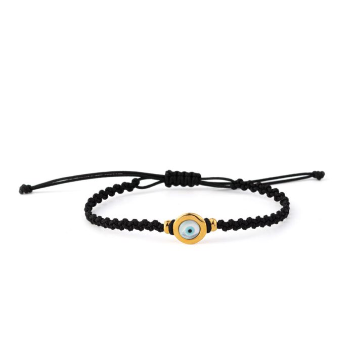 Round Evil Eye Black Macrame Bracelet – 925 Sterling Silver and Gold Plated - Image 1