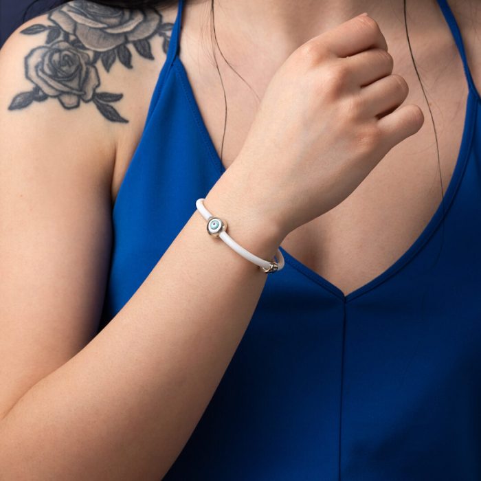 Round Eye White Caoutchouc Bracelet – Sterling Silver - Image 2