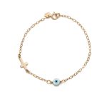 Blue White Eye Bracelet with Cross - 14k Gold