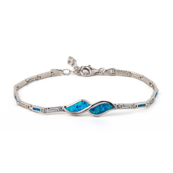 Olive Leaf Link Bracelet - 925 Sterling Silver with Blue Opal - Image 1