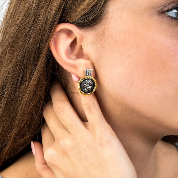14K Gold Sterling Silver Goddess Athena Earrings - Image 3