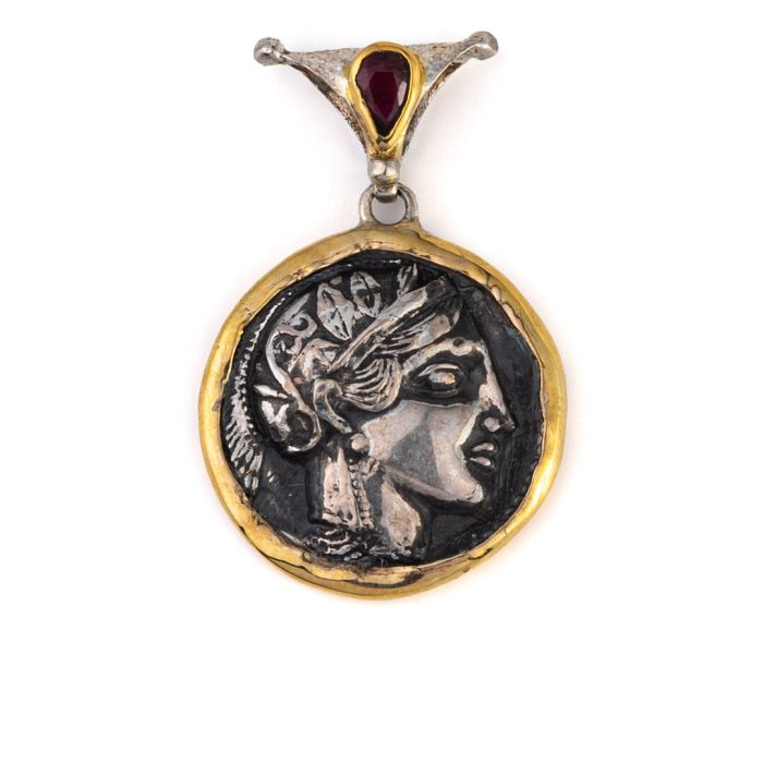 Μενταγιόν Θεά Αθηνά με Ruby – Χρυσό 14Κ και Ασήμι 925 - Image 1