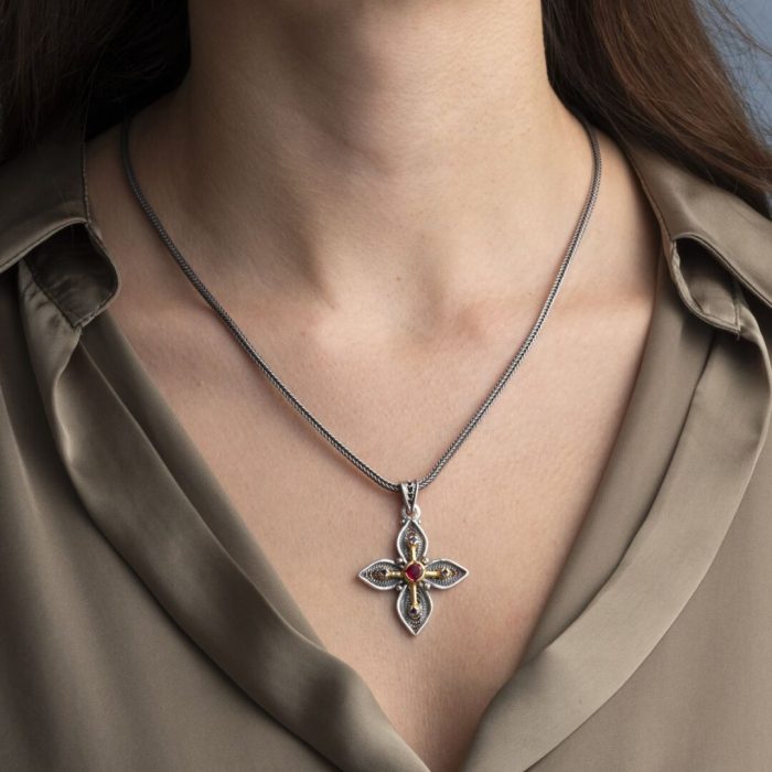 Oxidized & Gold Plated Cross Pendant – 925 Silver with Multicolor Zircons - Image 2