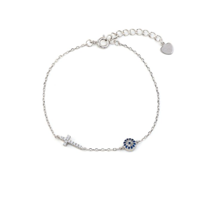 Sterling Silver Evil Eye Bracelet with Cross and Zircon - Image 1