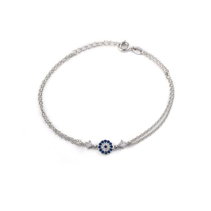Evil Eye Double Chain Bracelet with Zircon - Sterling Silver - Image 1