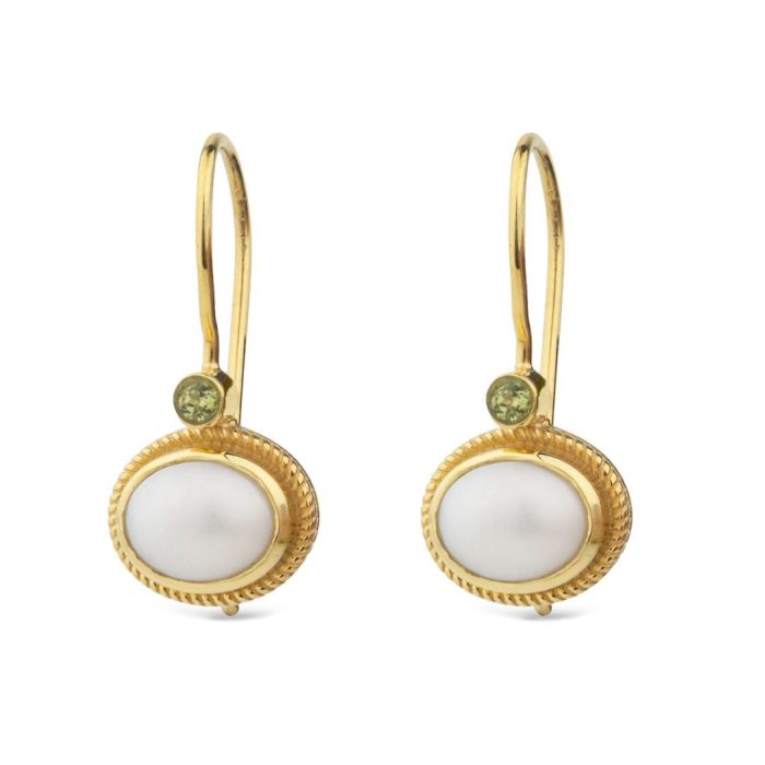 Dangle Pearl Earrings in 925 Silver & Gold Plating with Peridot - Image 1