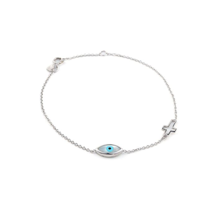 9K White Gold Evil Eye and Cross Bracelet - Image 1