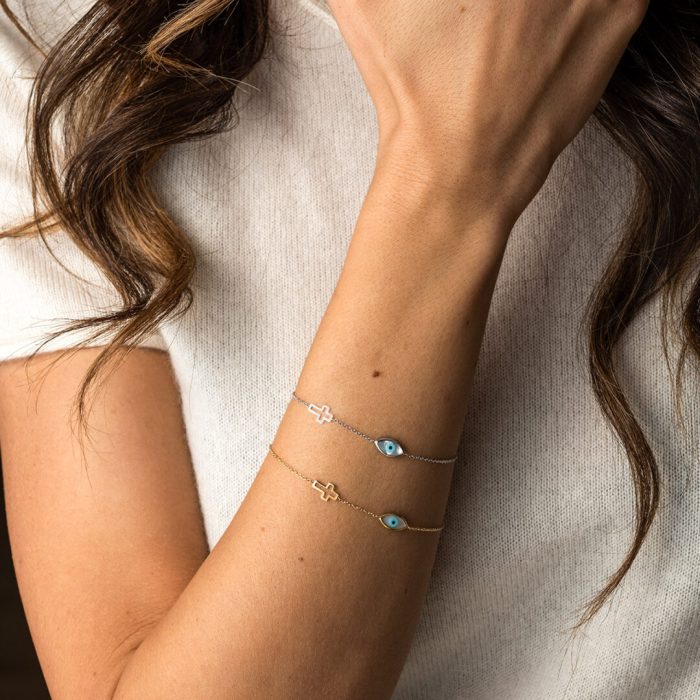 9K White Gold Evil Eye and Cross Bracelet - Image 2