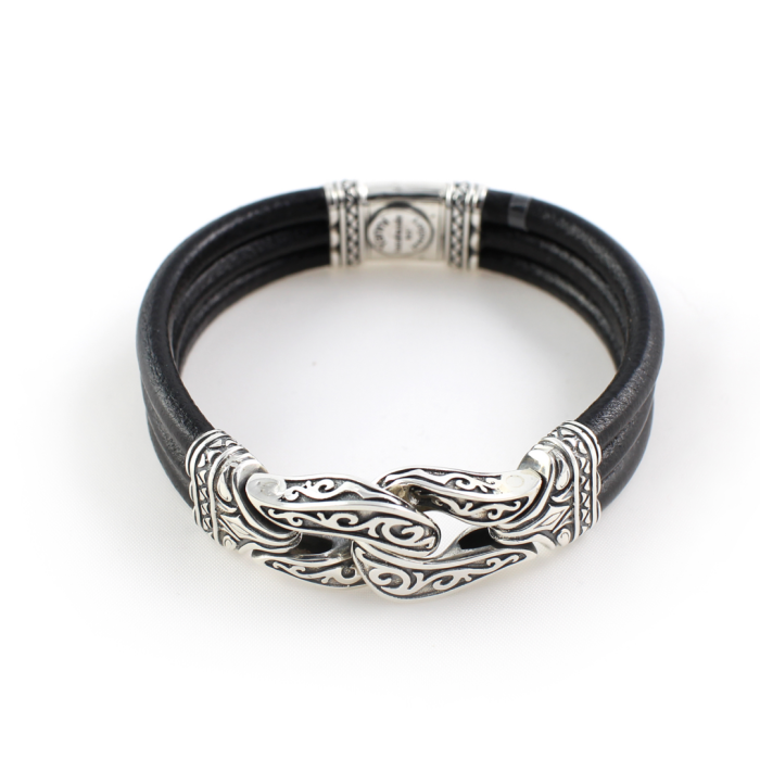 Triple Row Leather Bracelet Hercules knot – Sterling Silver Yianni Jewelry - Image 3