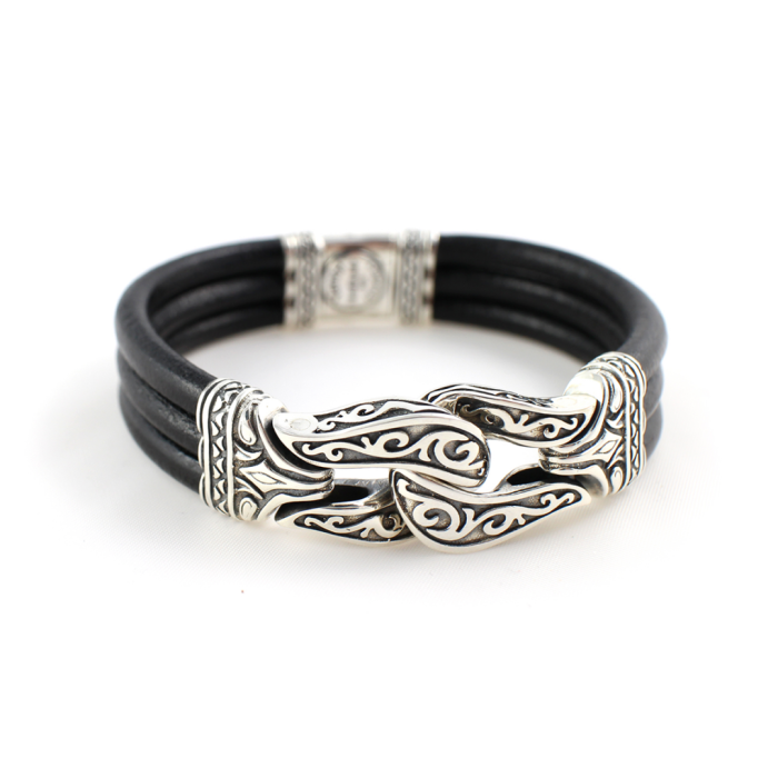 Triple Row Leather Bracelet Hercules knot – Sterling Silver Yianni Jewelry - Image 1