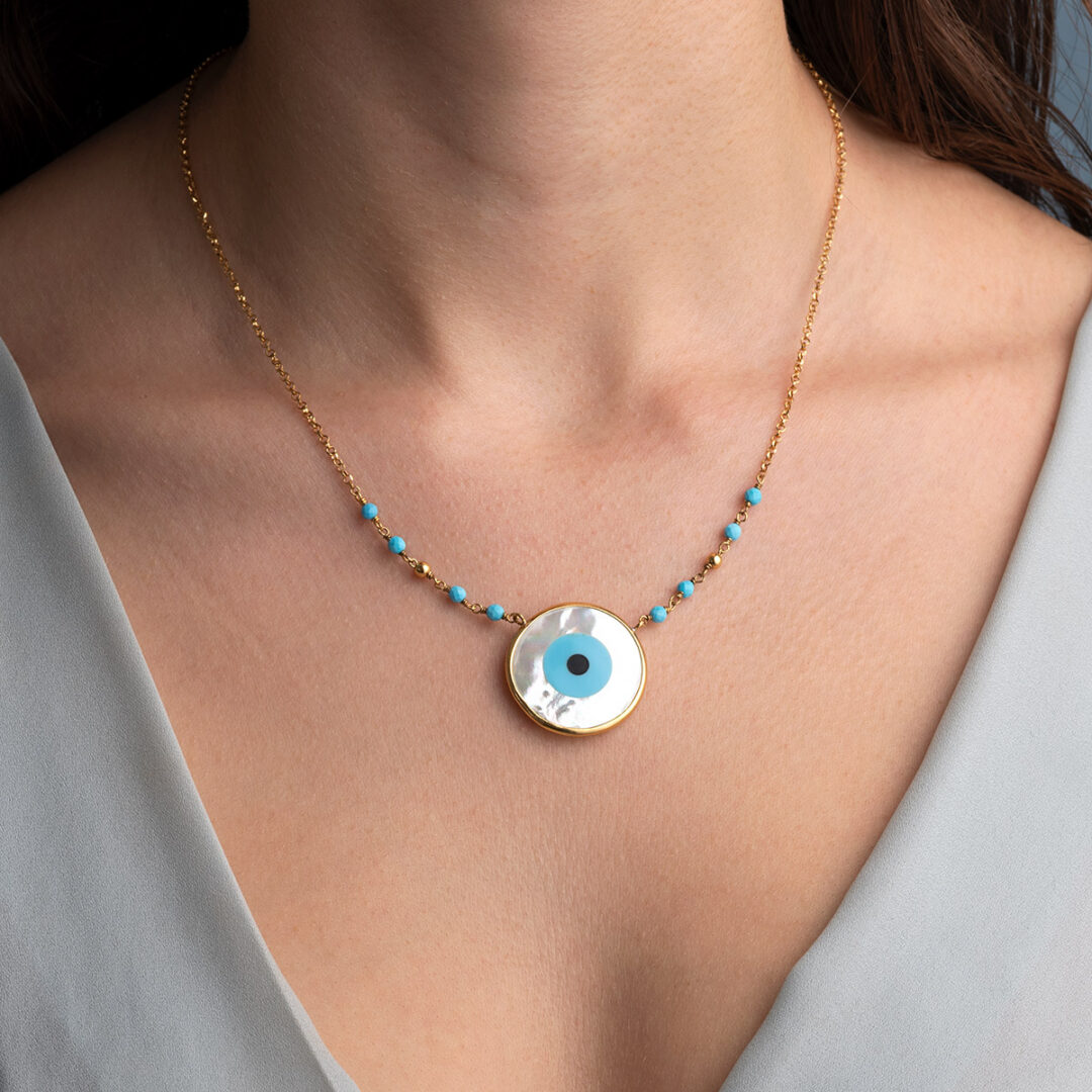 31527m Κολιέ Αλυσίδα με Μπίλιες και Χρωματιστό Μάτι Πέτρα  - Ασήμι 925 - Image 4