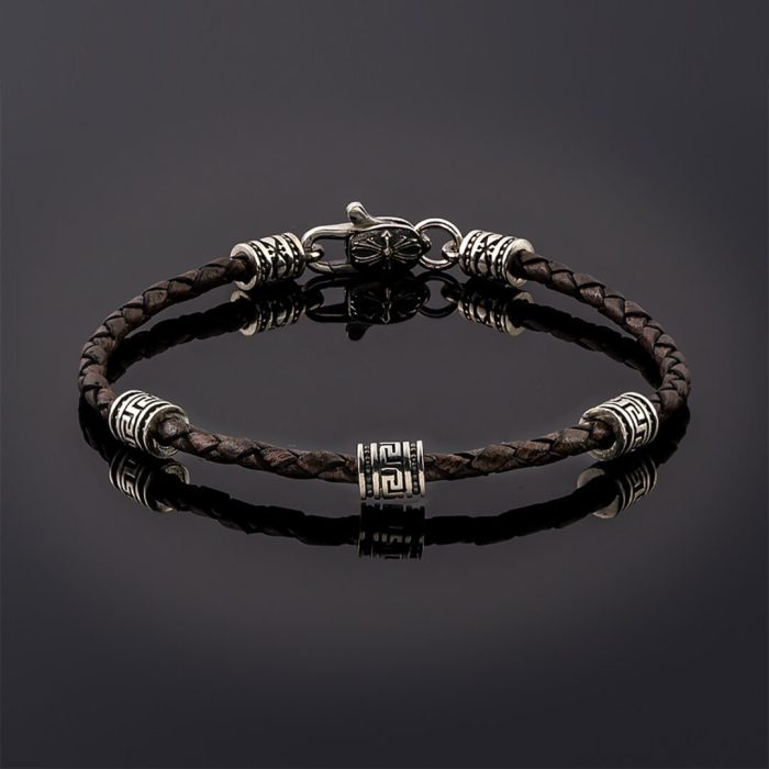 Bracelet with Meander Motif and Braided Genuine Leather - Image 3