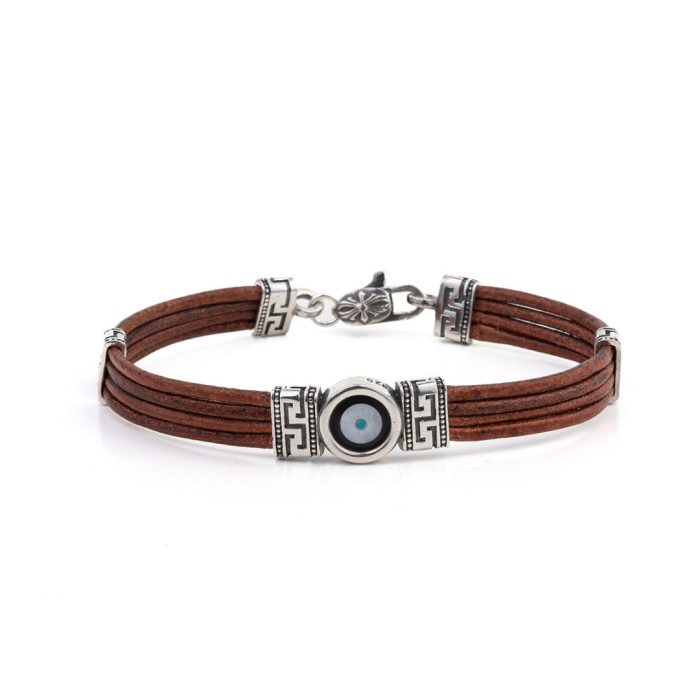 Sterling Silver Leather Bracelet with Lucky Eye Motif and Meander - Image 4