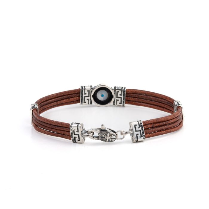 Sterling Silver Leather Bracelet with Lucky Eye Motif and Meander - Image 5