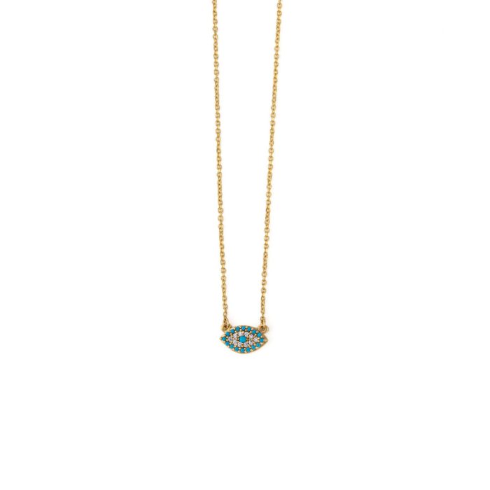 Evil Eye Necklace with Turquoise White Zircon – 9K Gold