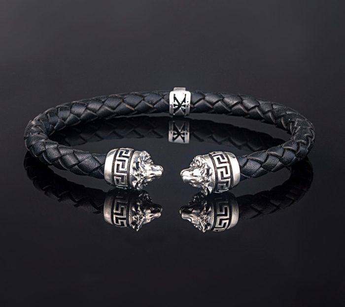 Sterling Silver Leather Lion Bracelet with Greek key - Image 3