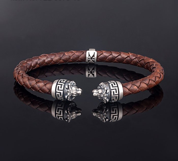 Sterling Silver Leather Lion Bracelet with Greek key - Image 4