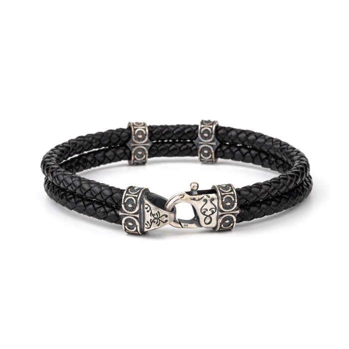 Sterling Silver Leather Bracelet with Axion motif washers - Image 3