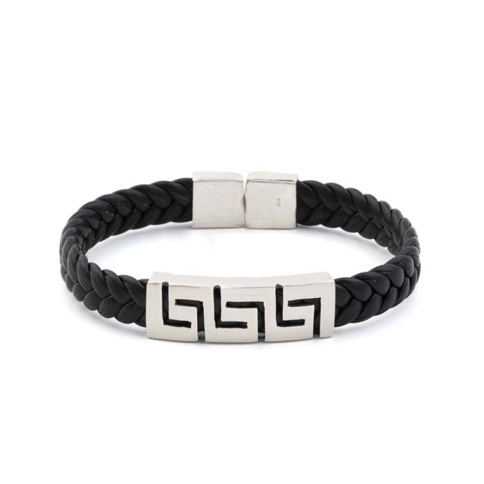 Greek Key Large Leather Bracelet - 925 Sterling Silver - Image 4