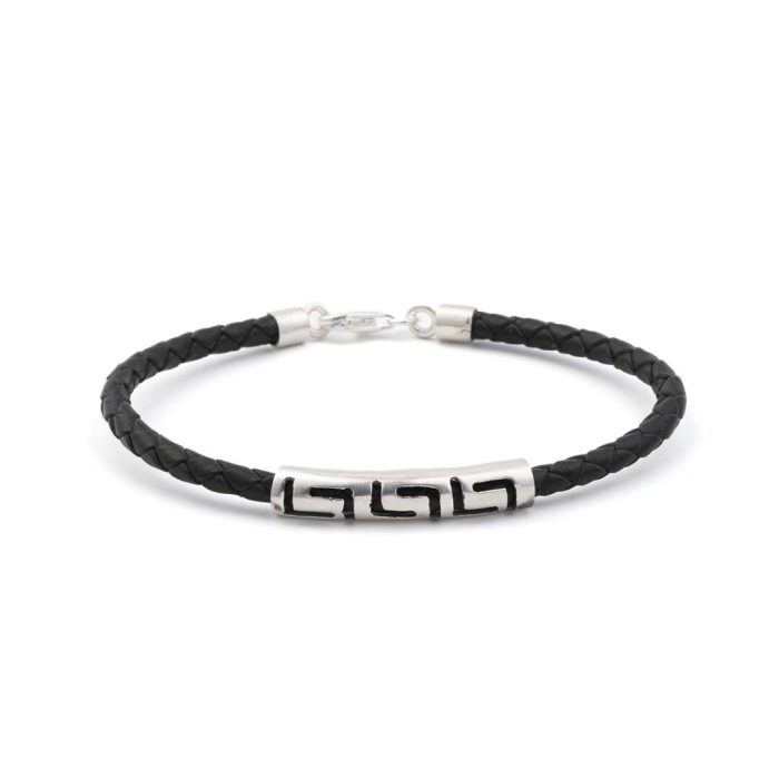 Meandros Greek Key Leather Bracelet - Sterling Silver - Image 3