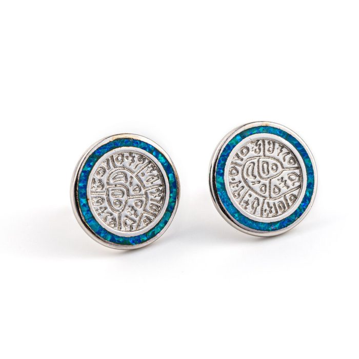 Phaistos Disc Stud Earrings - 925 Sterling Silver with Opal - Image 1