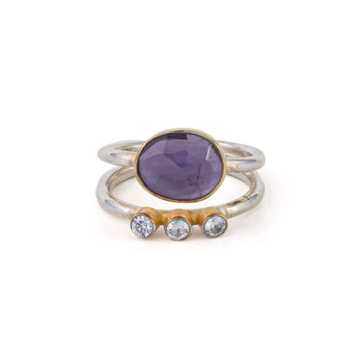 925 Sterling Silver and Gold Plated Ring with Amethyst and Zircon - Image 1