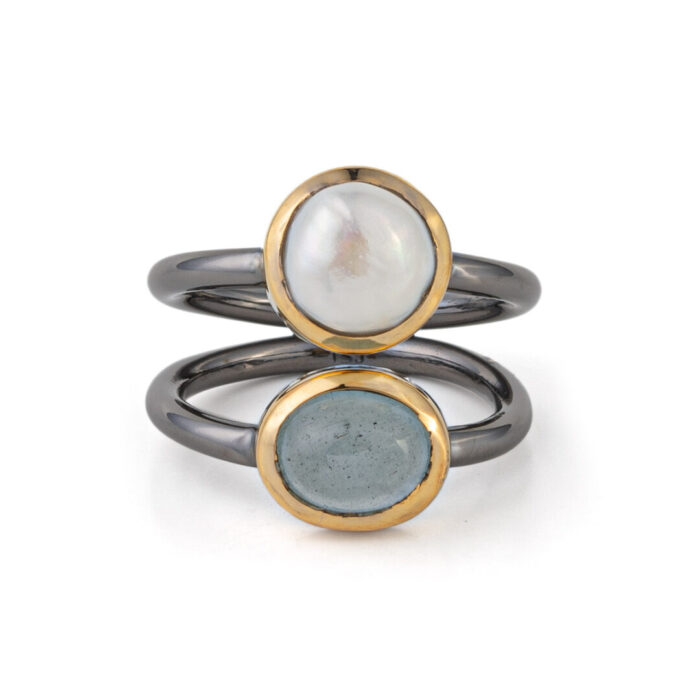 Δαχτυλίδι Aqua Marine και Pearl – Ασήμι 925 Επιχρυσωμένο - Image 1
