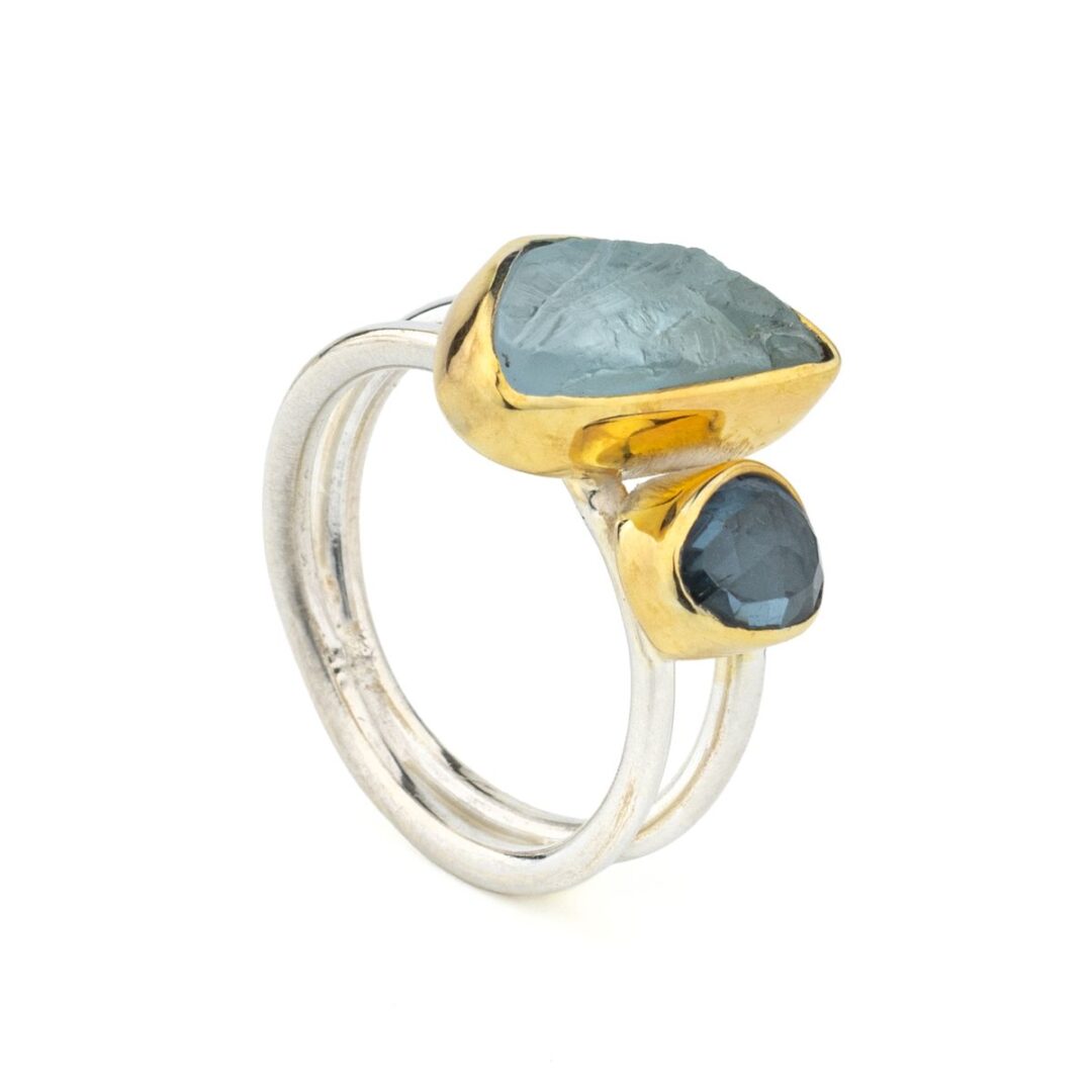D3613B Aquamarine & London Blue Topaz Ring in 925 Silver with Gold Plating - Image 3