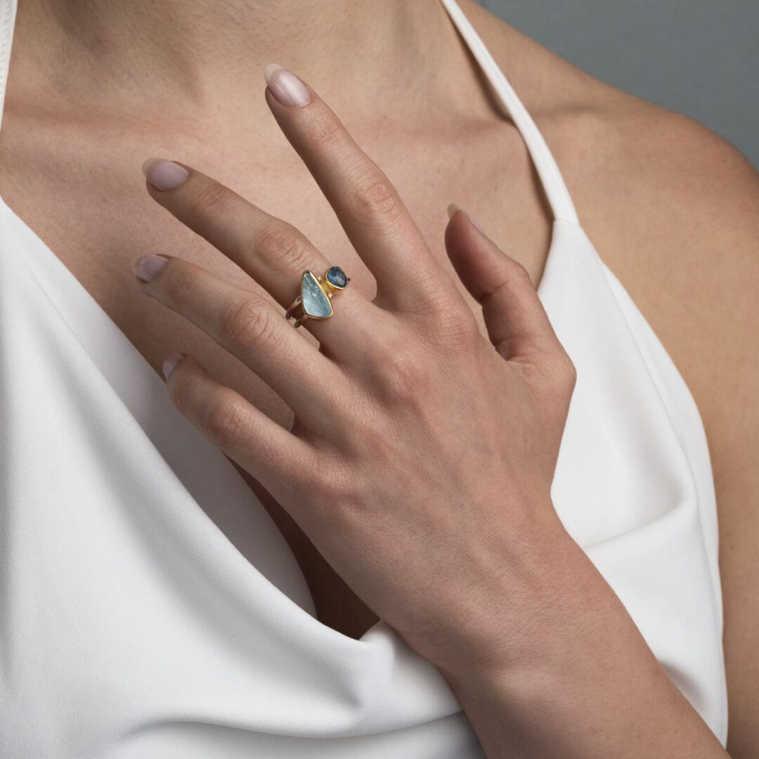 D3613M Aquamarine & London Blue Topaz Ring in 925 Silver with Gold Plating - Image 2