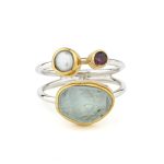 Aquamarine, Pearl & Tourmaline Ring in 925 Silver with Gold Plating