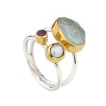 Aquamarine, Pearl & Tourmaline Ring in 925 Silver with Gold Plating - Image 3
