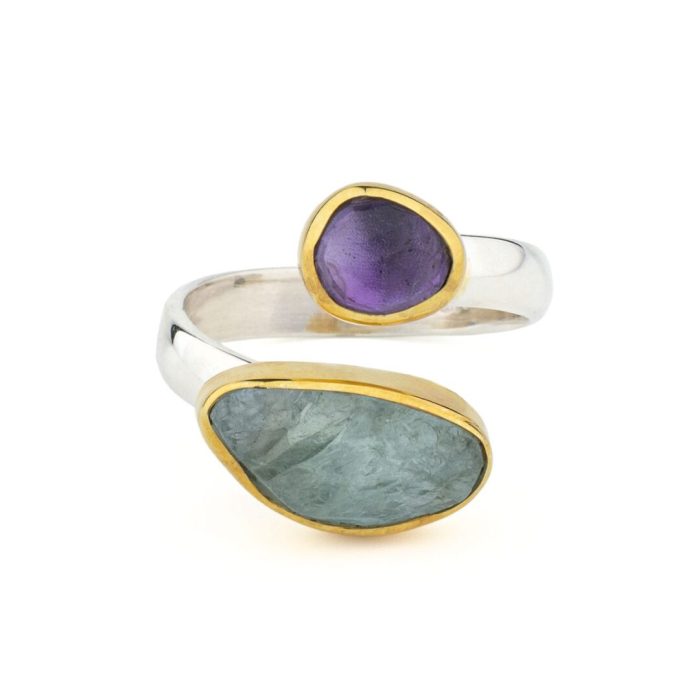 Aquamarine & Amethyst Ring in 925 Sterling Silver with Gold Plating - Image 1