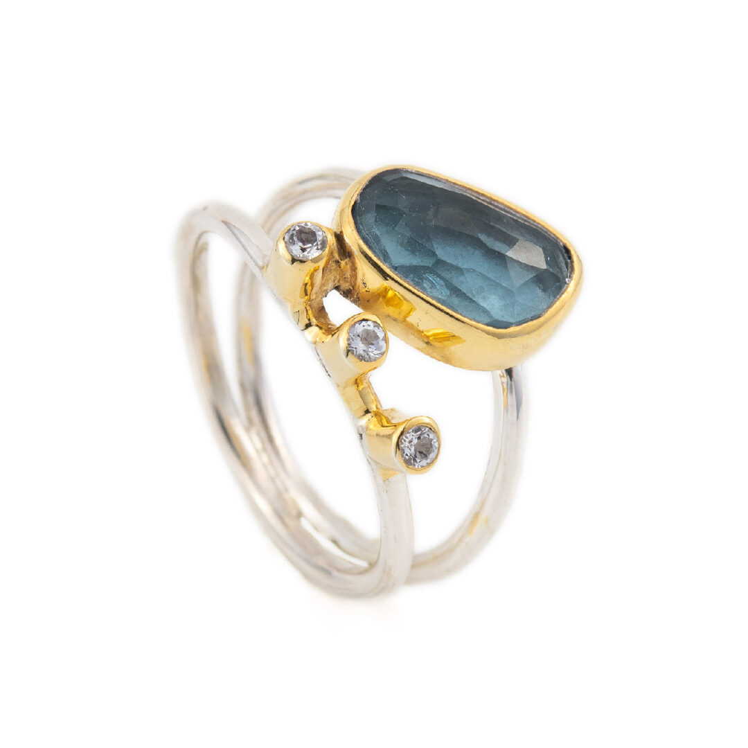 EI-D-03061b Sterling Silver Gold Plated Ring ~ London Topaz & Zircon - Image 2