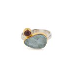 Aquamarine and Tourmaline Ring - 925 Sterling Silver and Gold Plated