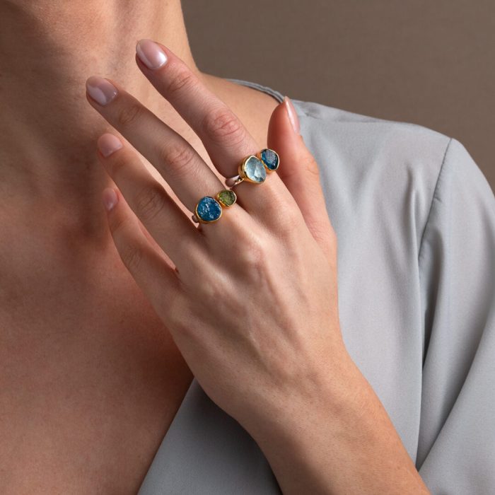 Apatite and Peridot Ring - 925 Sterling Silver and Gold Plated - Image 2