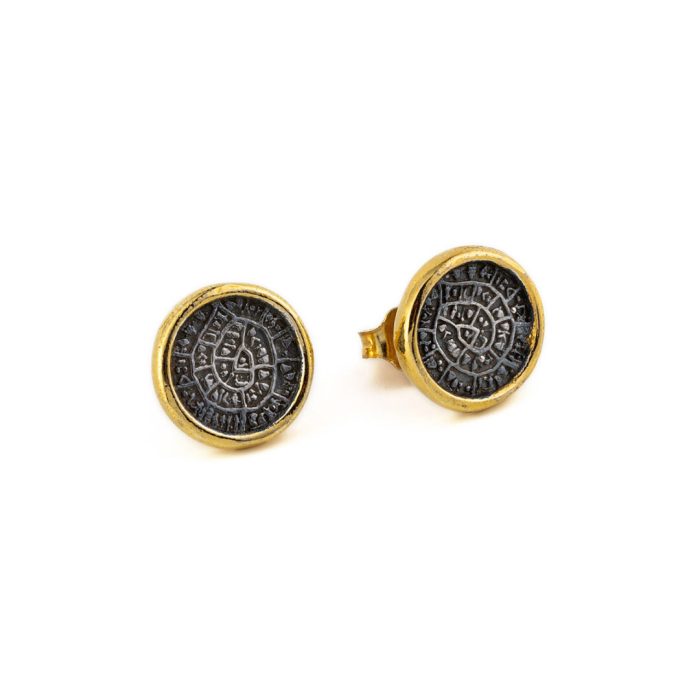 Phaistos Disc Stud Earrings - Sterling Silver and Gold Plated - Image 5