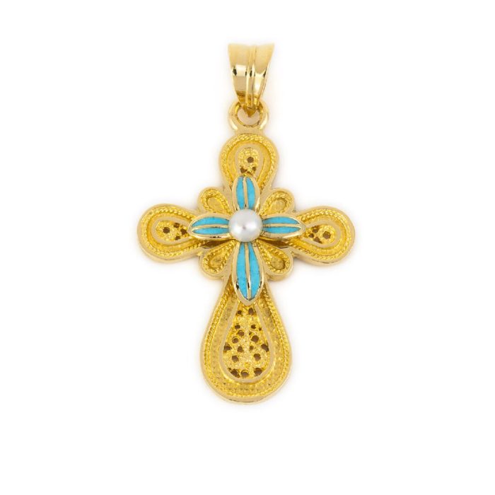 18K Gold Filigree Cross with Pearl - Image 1