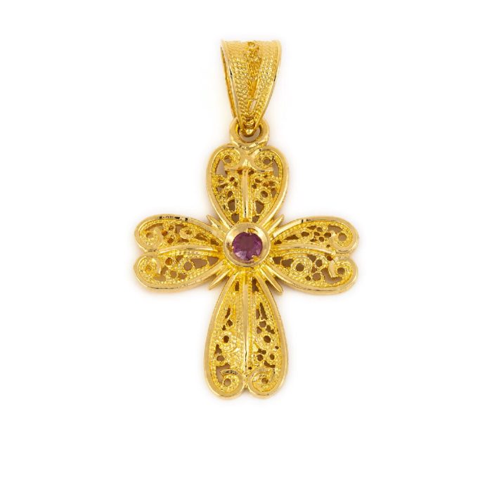 18K Gold Byzantine Filigree Ruby Cross - Image 1