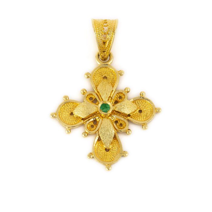 18K Gold Byzantine Filigree Emerald Cross - Image 1
